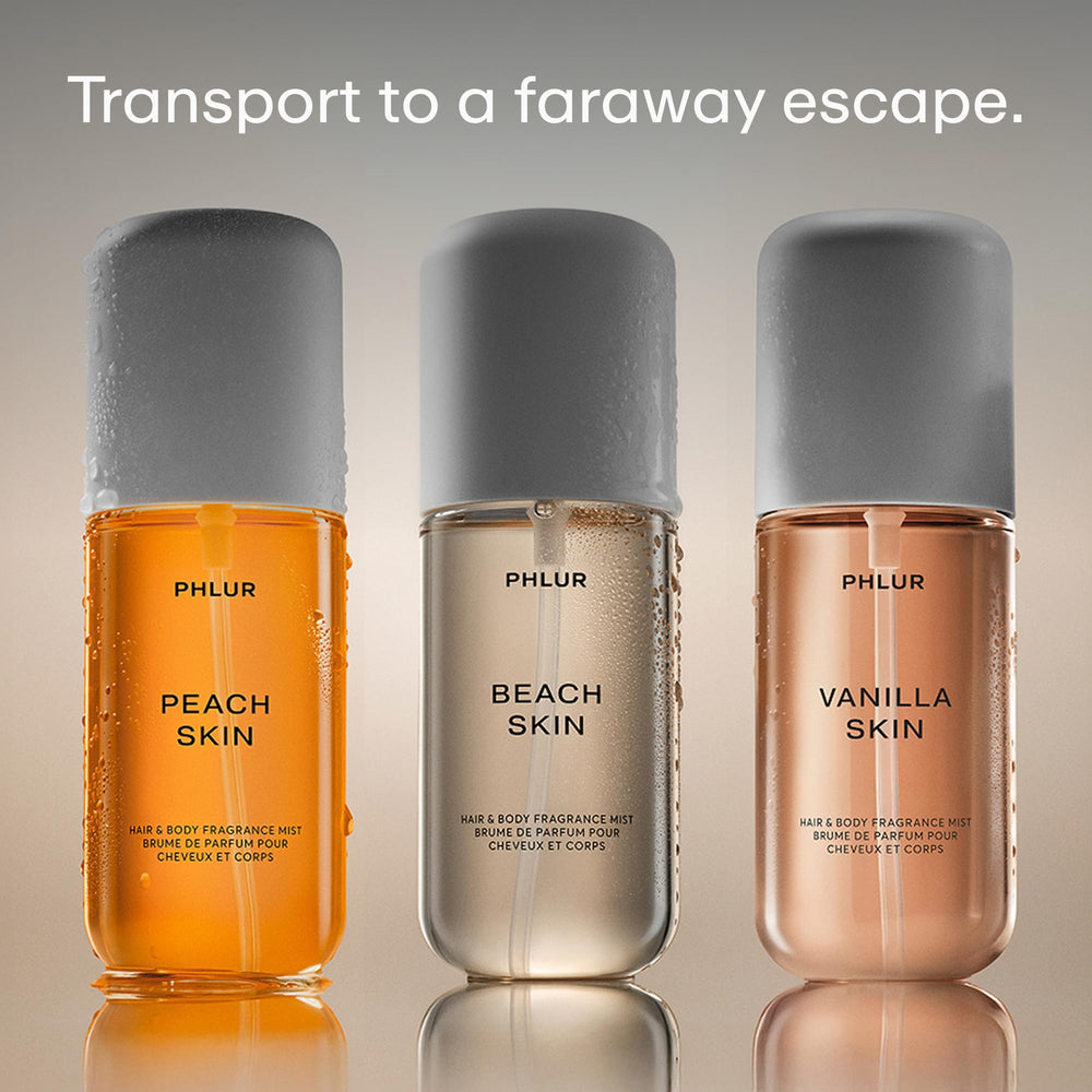 PHLUR Peach Skin body mist captures lush fruit notes for a vibrant start.