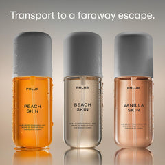 PHLUR Peach Skin body mist captures lush fruit notes for a vibrant start.