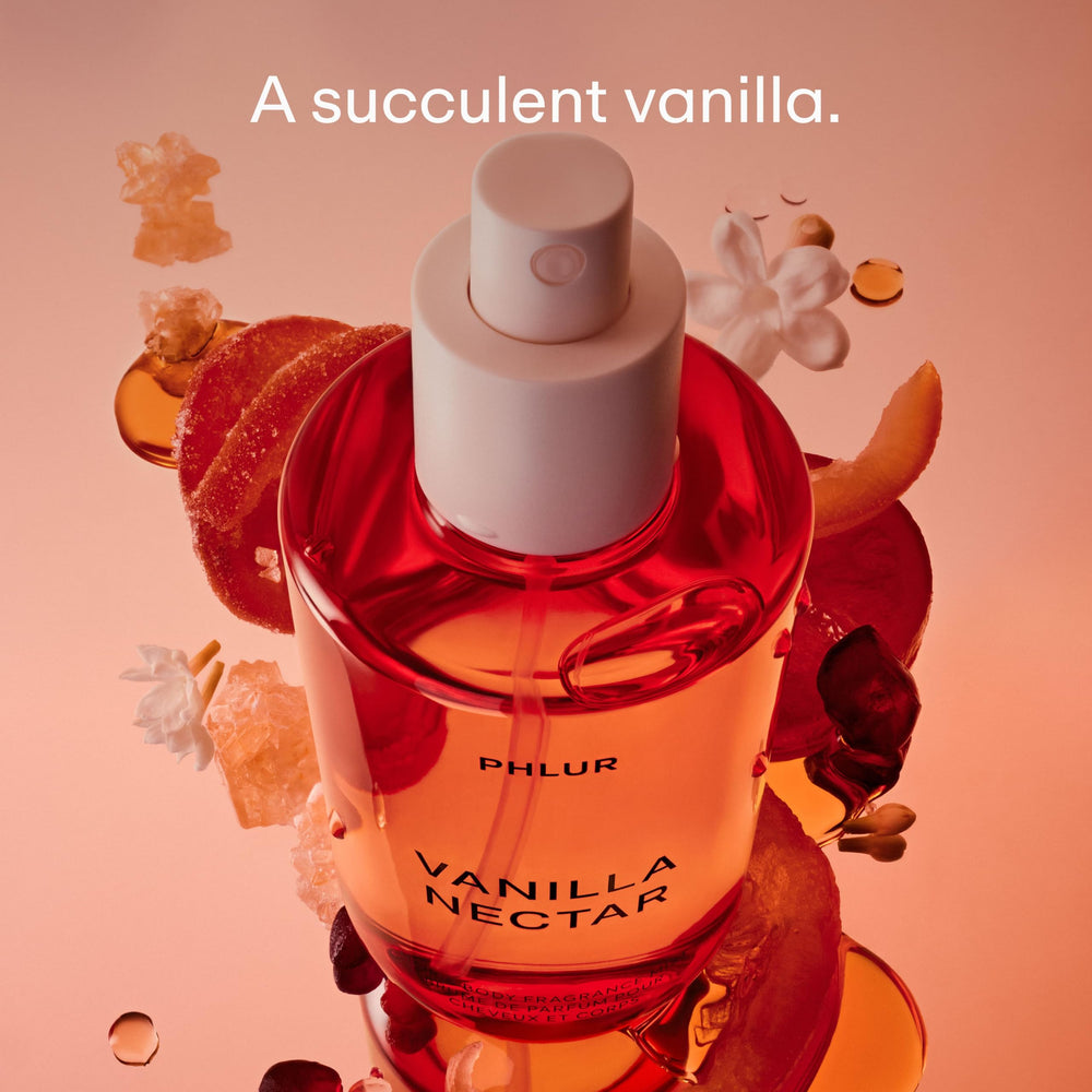 PHLUR Vanilla Nectar Body Mist spray shows even dispersion for light layering