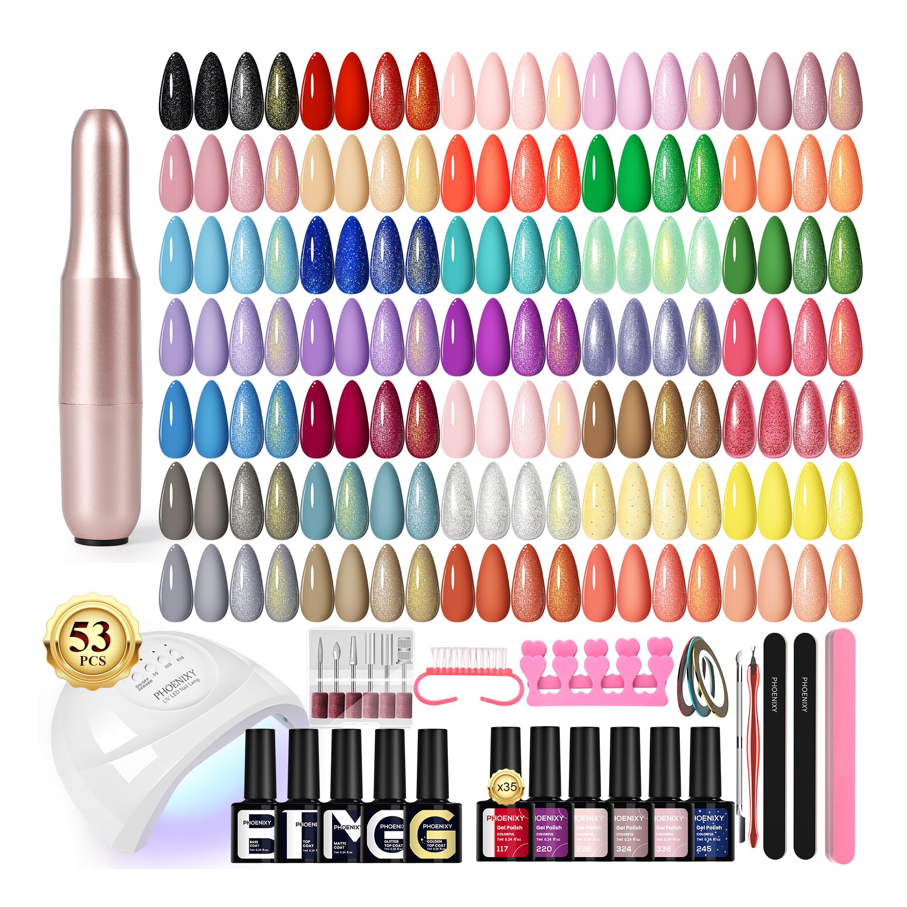 Phoenixy 53 Pcs Gel Nail Kit with UV Lamp for at-home salon-quality manicures.