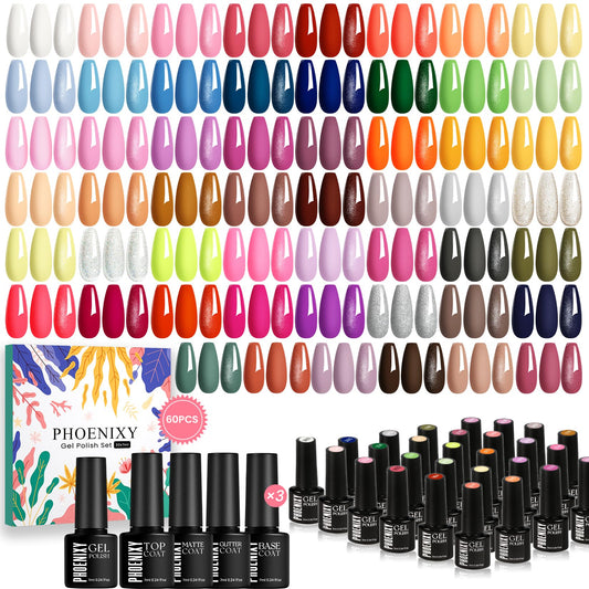 Phoenixy 60pcs gel nail polish set color palette display for all seasons.