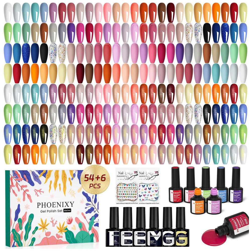 Phoenixy 62-pcs gel nail polish set colors swatches for vibrant at-home manicures.