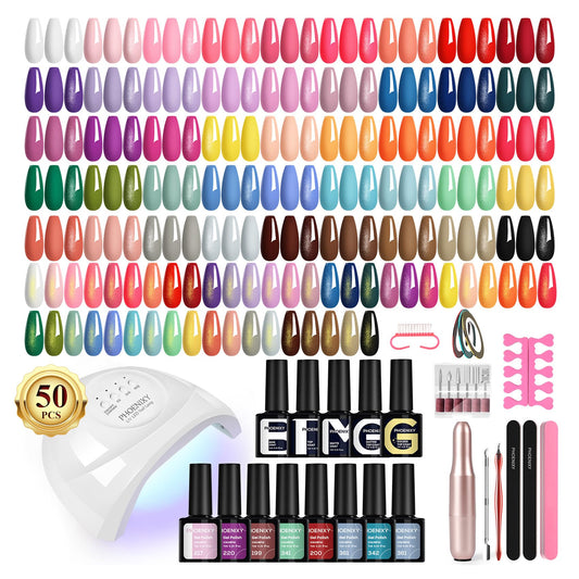 Phoenixy 63-pcs gel nail kit with UV light drill for versatile at-home nails.