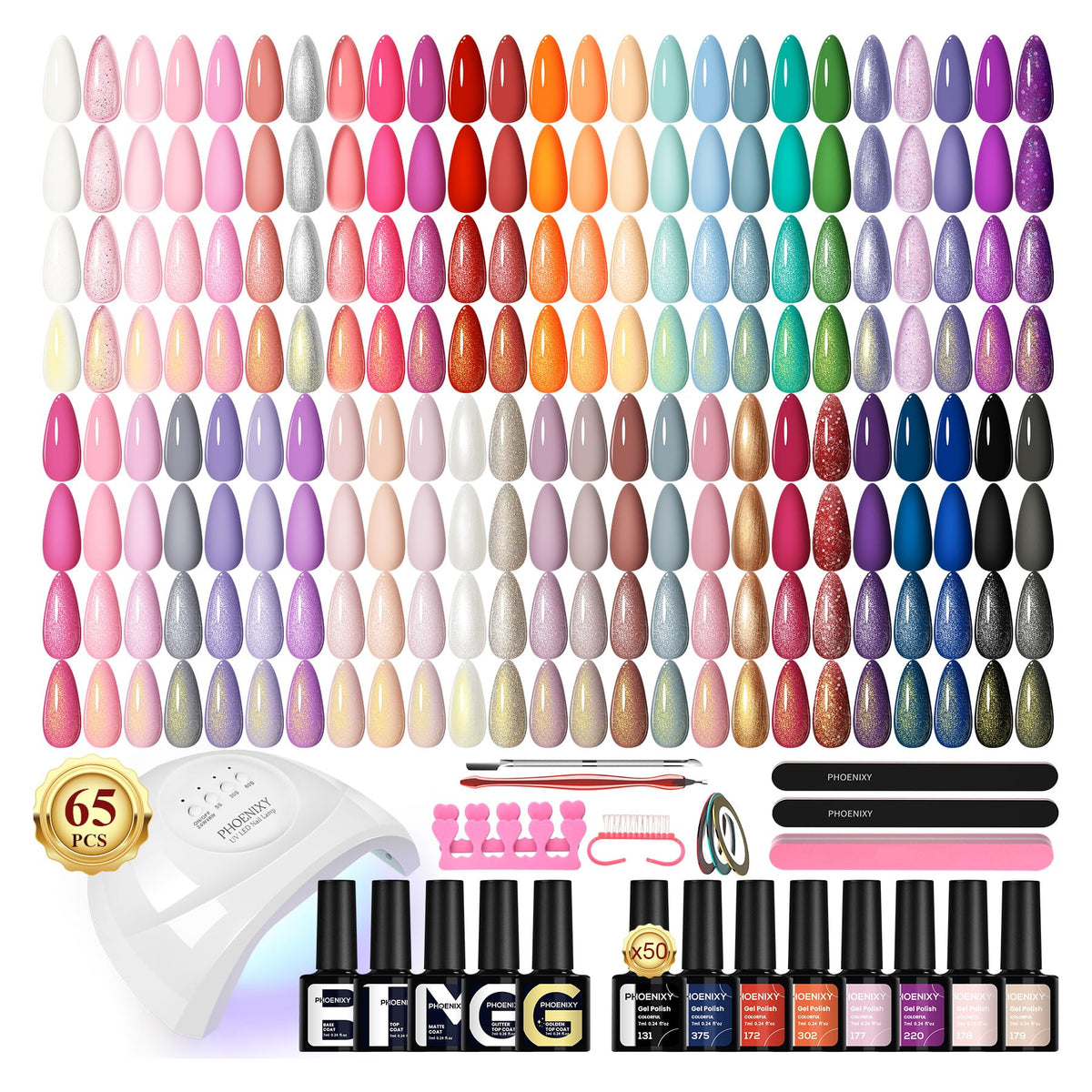 Phoenixy 65Pcs gel nail kit packaging highlights a complete home manicure setup.
