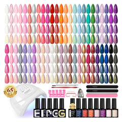 Phoenixy 65Pcs gel nail kit packaging highlights a complete home manicure setup.