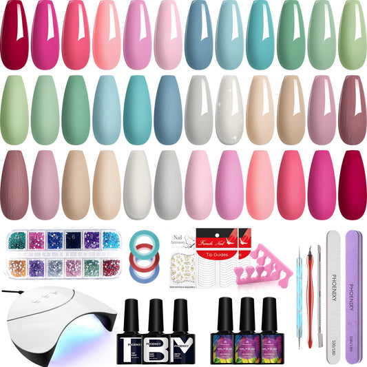Phoenixy gel nail polish kit with UV light for at-home salon results.