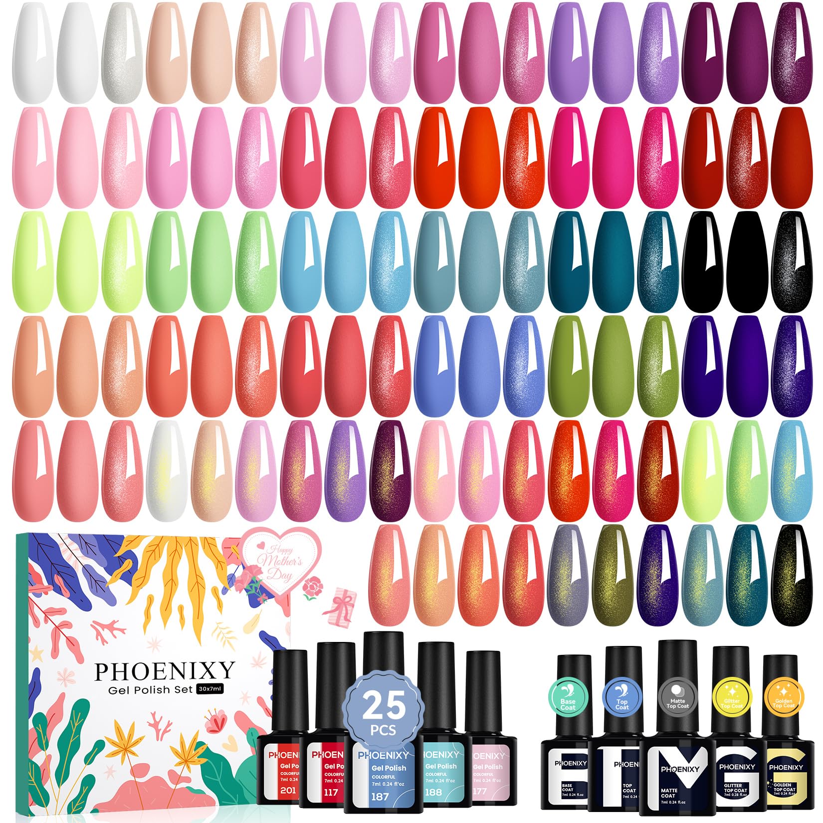 Phoenixy gel nail polish set with 25 colors in a colorful bottle display for versatile looks.