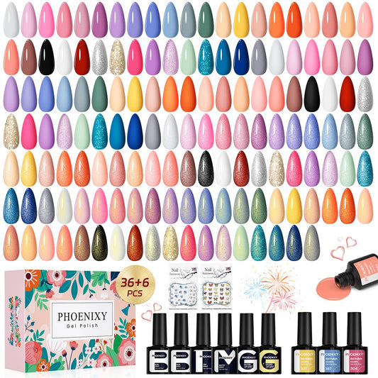 Phoenixy gel nail polish set color palette with vibrant shades for all seasons.