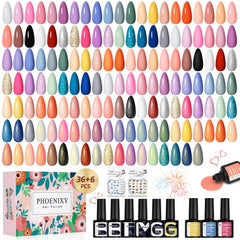 Phoenixy gel nail polish set color palette with vibrant shades for all seasons.