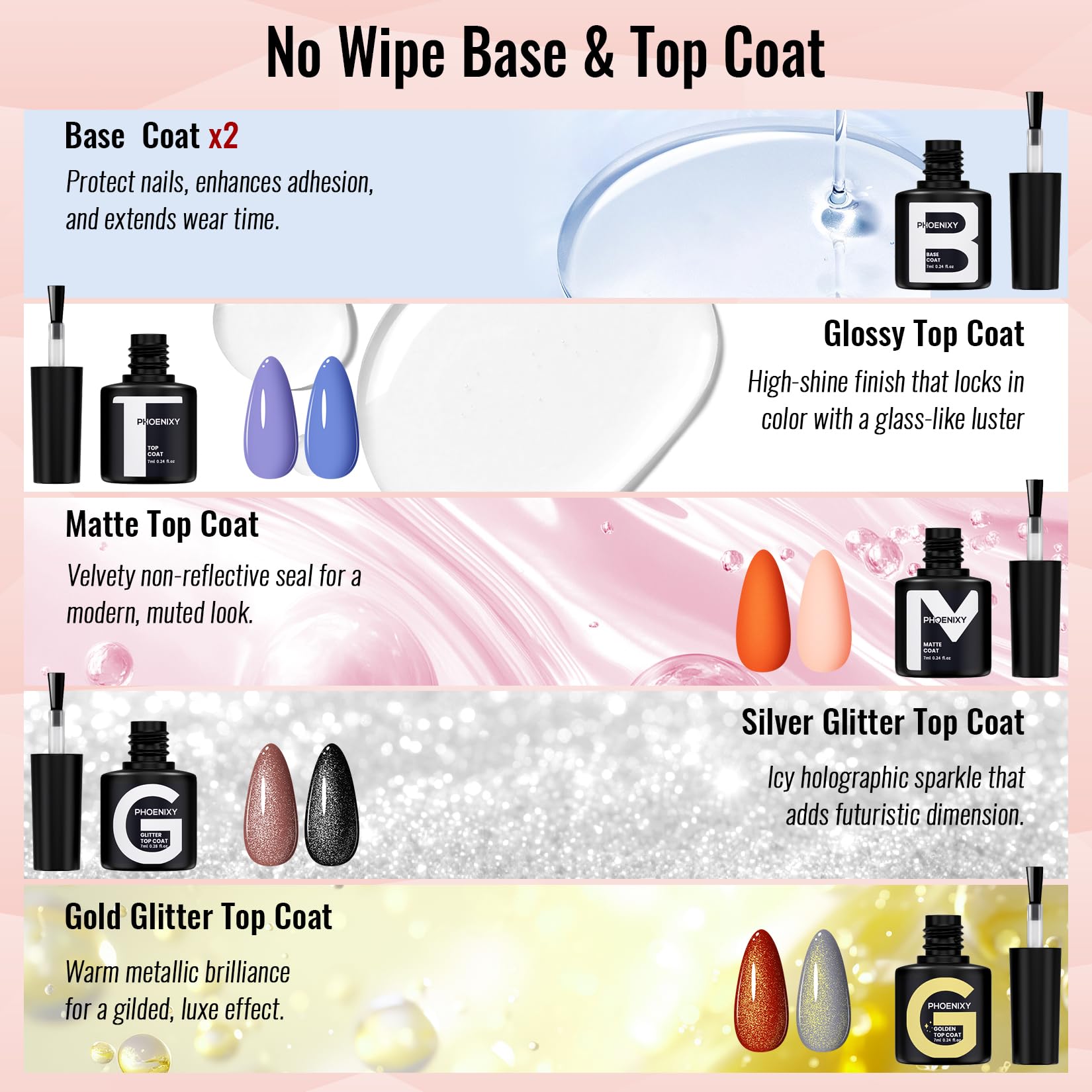 Phoenixy glitter top coat 7ml adds sparkling accents for nail art.