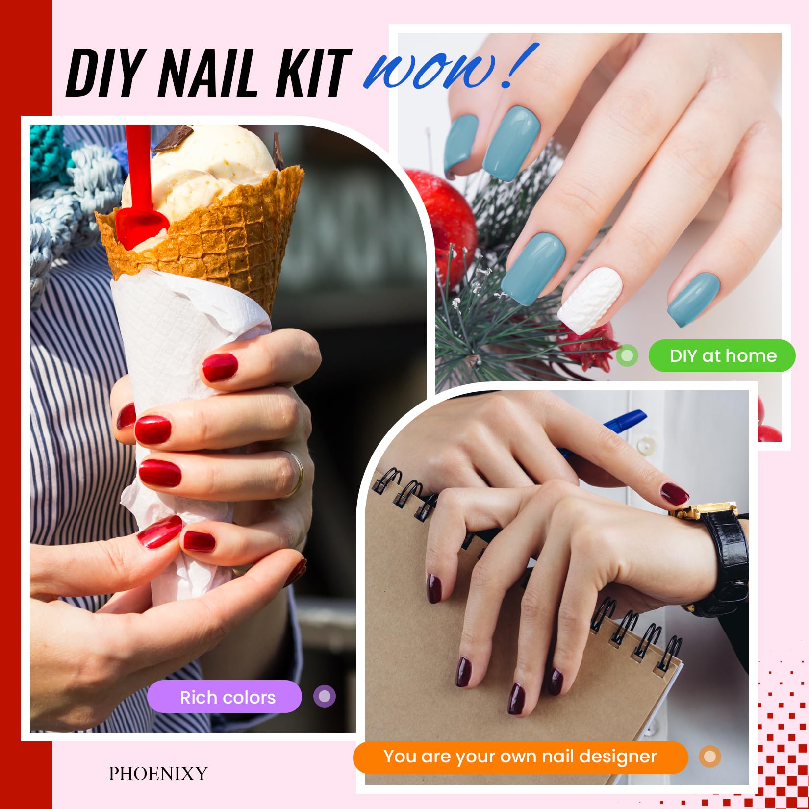 Phoenixy included nail decorations and manicure tools for creativity