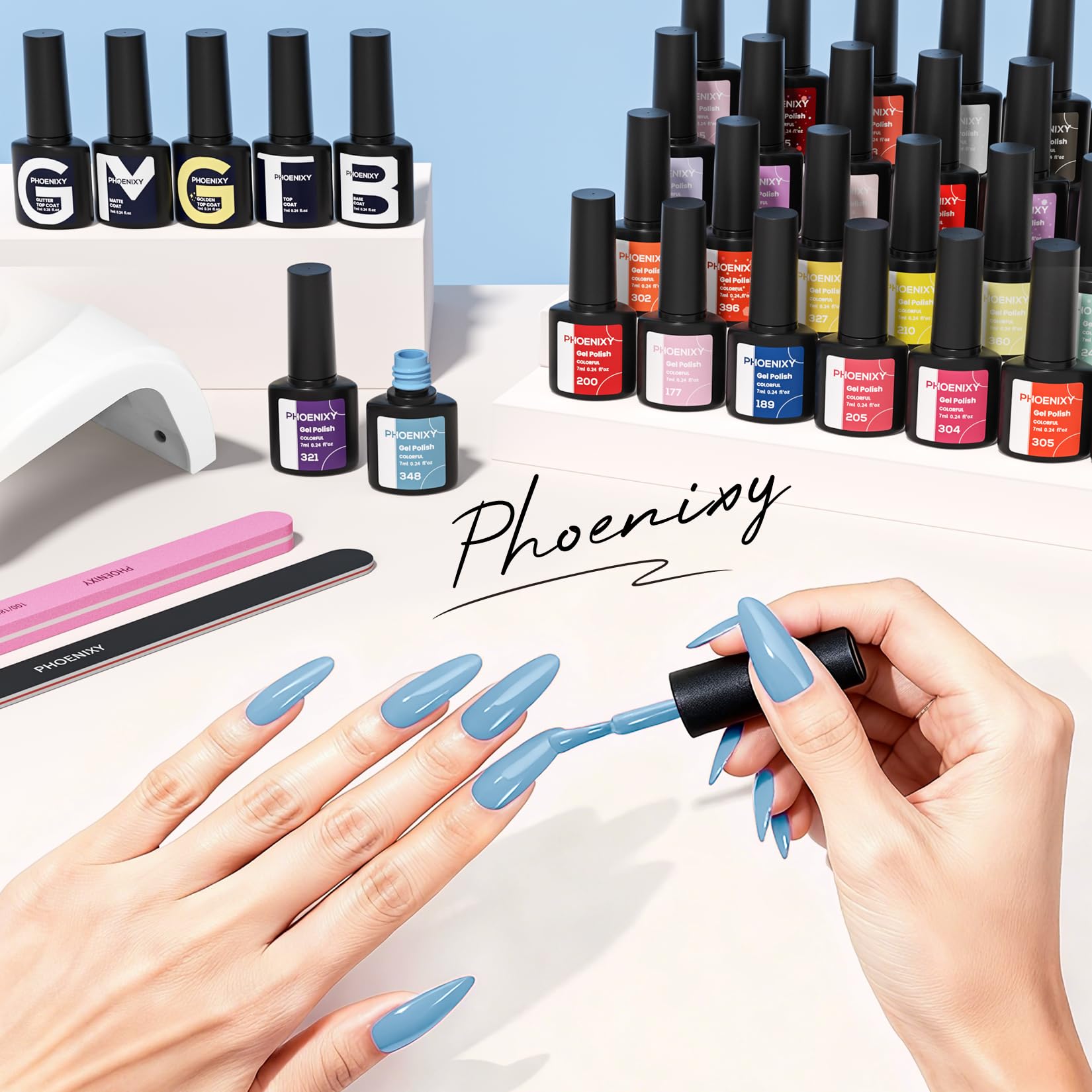 Phoenixy silver glitter top coat bottle adds subtle sparkle