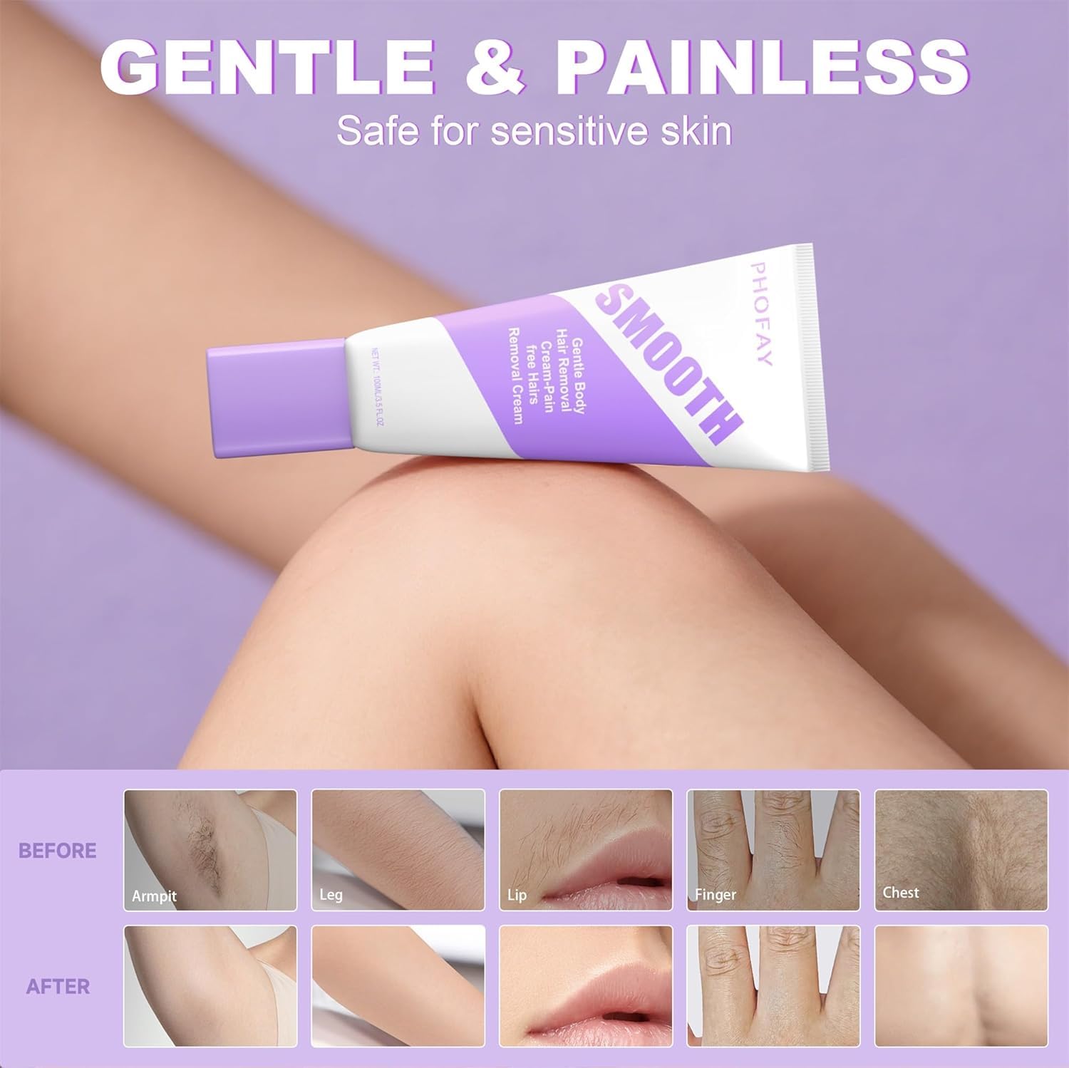 PHOFAY Hair Removal Cream ingredients highlight aloe and hyaluronic acid for soothing skin.