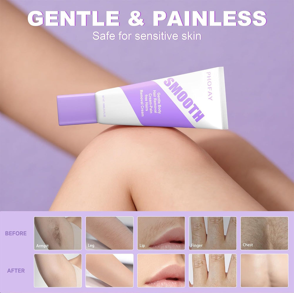 PHOFAY Hair Removal Cream ingredients highlight aloe and hyaluronic acid for soothing skin.