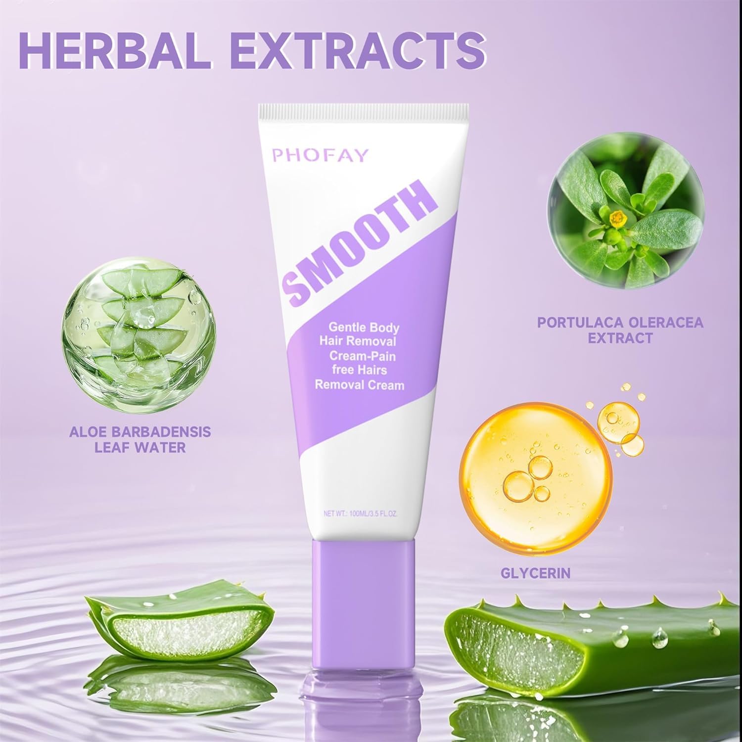 PHOFAY Hair Removal Cream tube close-up shows dermatologist-recommended formula for gentle depilation.