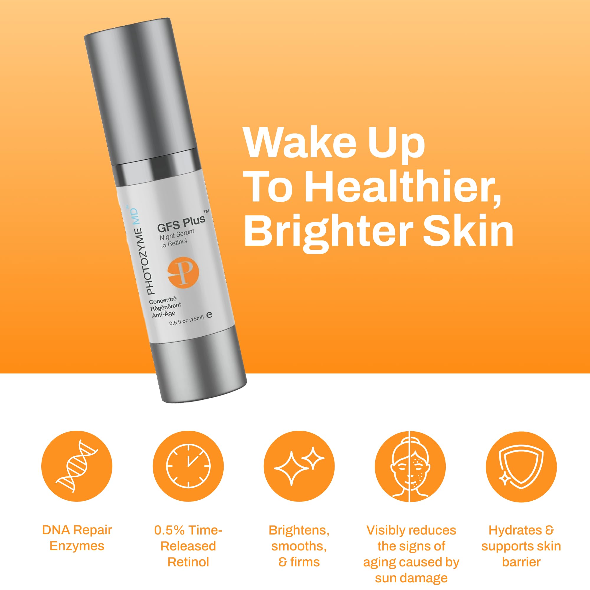 Photozyme GFS Plus Night Serum dropper enables precise application for even skin tone.