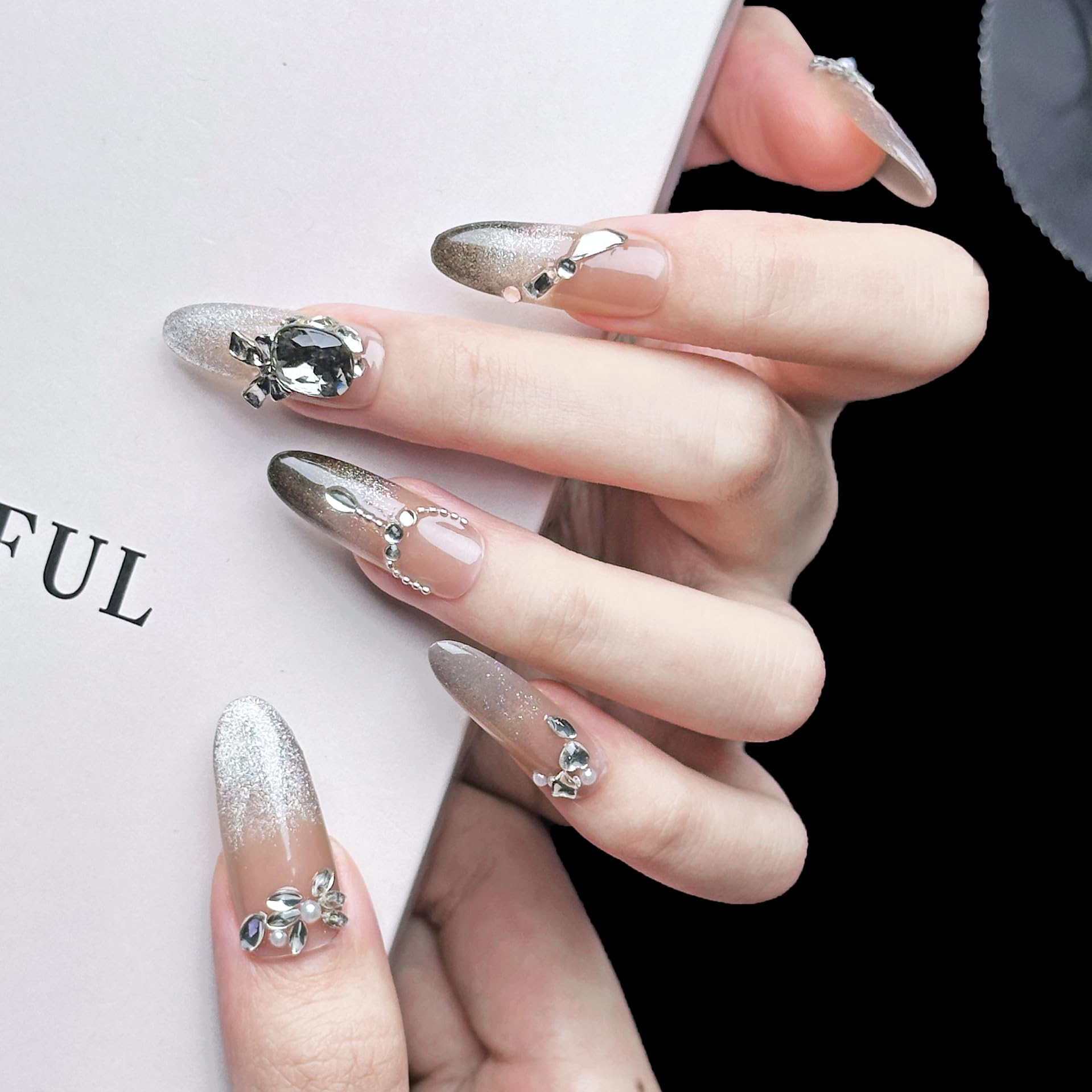 PHYLIN LEAF long almond nails pink and black design with gold accents for special occasions