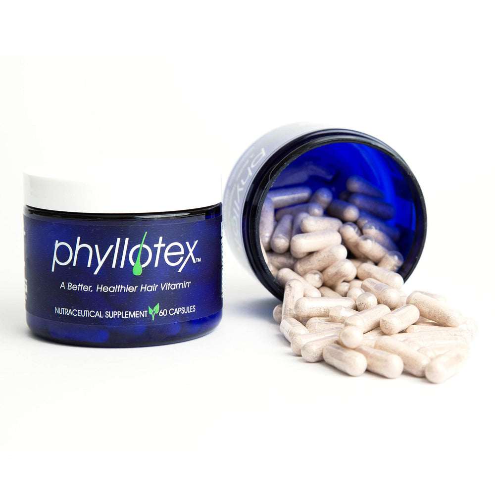 Phyllotex bottle front: doctor-recommended vitamins for potential fuller hair.