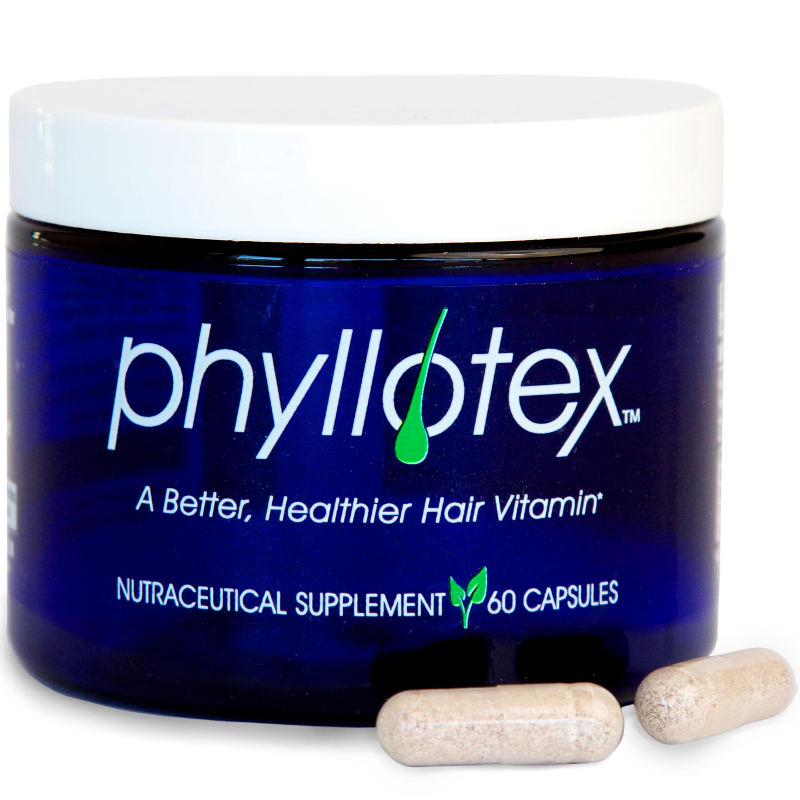 Phyllotex hair growth vitamins bottle showing daily support for hair health