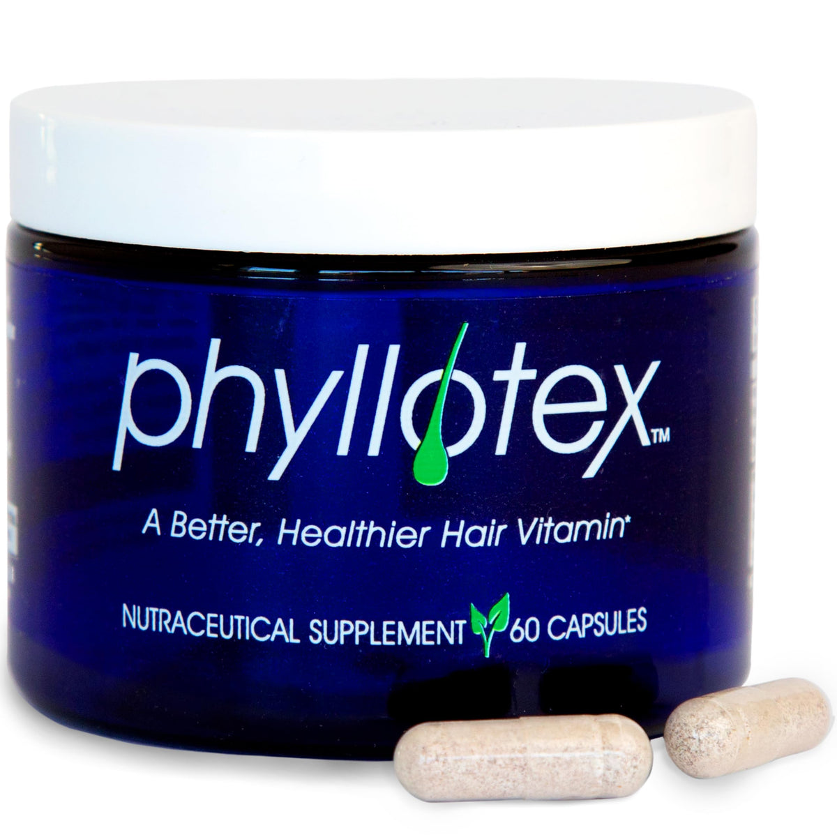Phyllotex hair growth vitamins bottle showing daily support for hair health