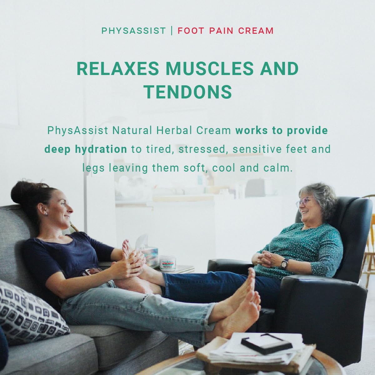 PhysAssist foot cream glycerin jojoba oil texture emphasizes smooth, non-greasy absorption.