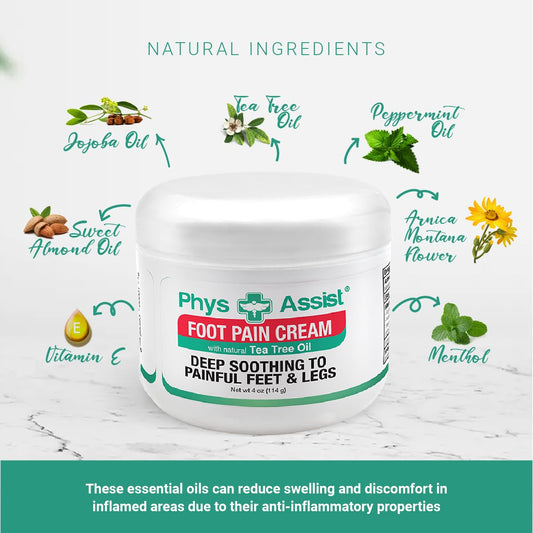 PhysAssist foot cream tea-tree oil bottle focus, offering refreshing, scent-friendly massage sessions.