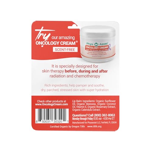 PhysAssist Oncology Lip Balm label shows USDA Organic ingredients.