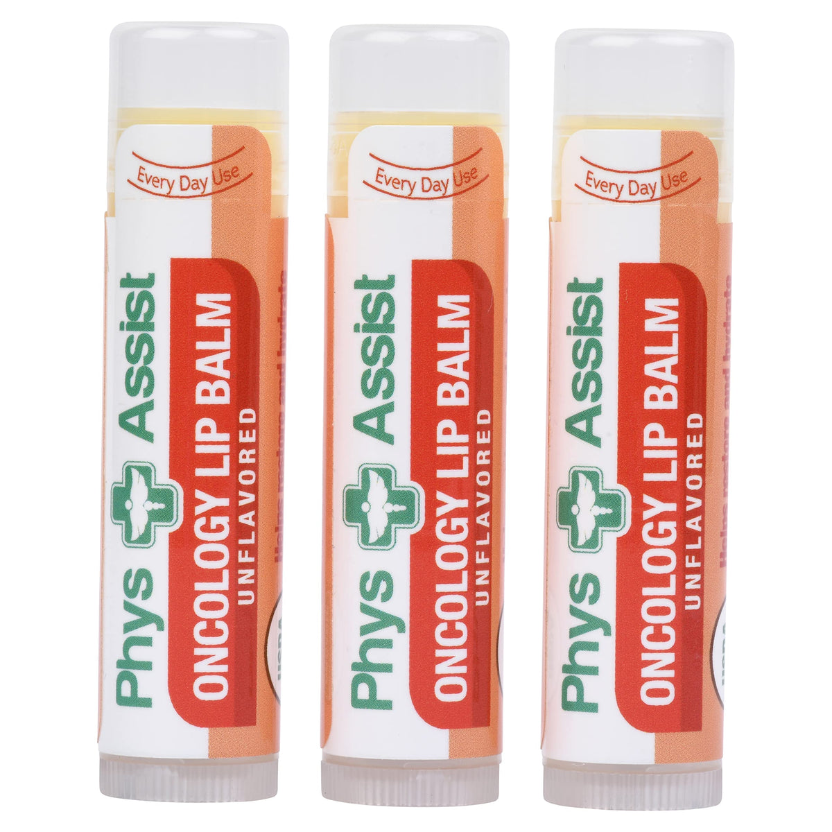 PhysAssist Oncology Lip Balm unflavored 3-pack on display, soothing dry lips.