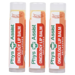 PhysAssist Oncology Lip Balm unflavored 3-pack on display, soothing dry lips.