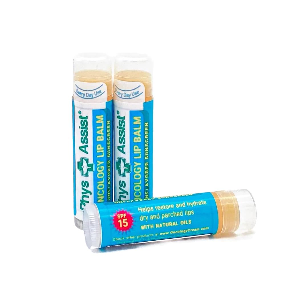 PhysAssist Oncology SPF15 lip balm swatch shows unflavored, soothing protection.