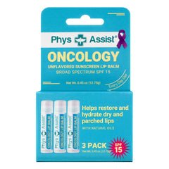 PhysAssist Oncology SPF15 lip balm tube delivering deep hydration for dry lips.
