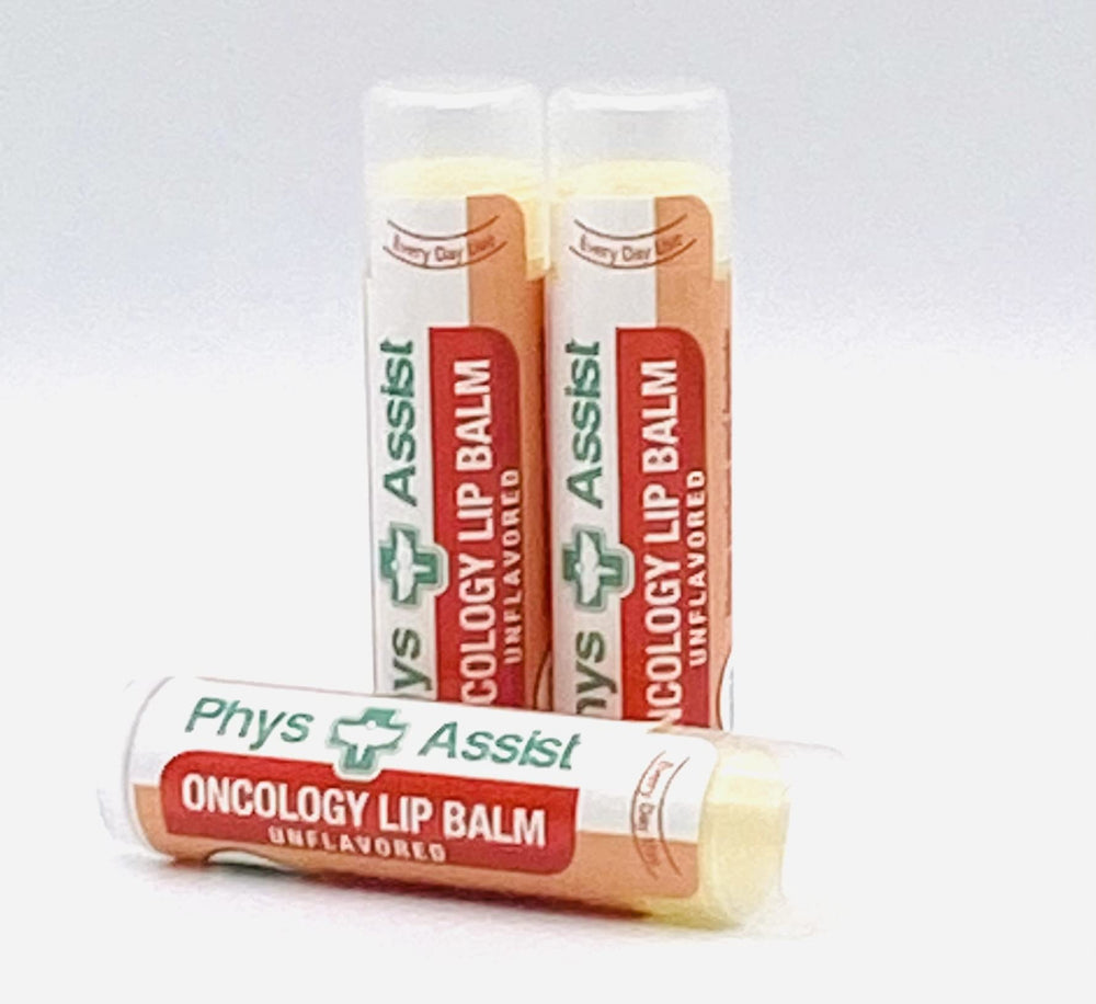 PhysAssist Oncology Lip Balm packaging highlights organic oils and extracts.