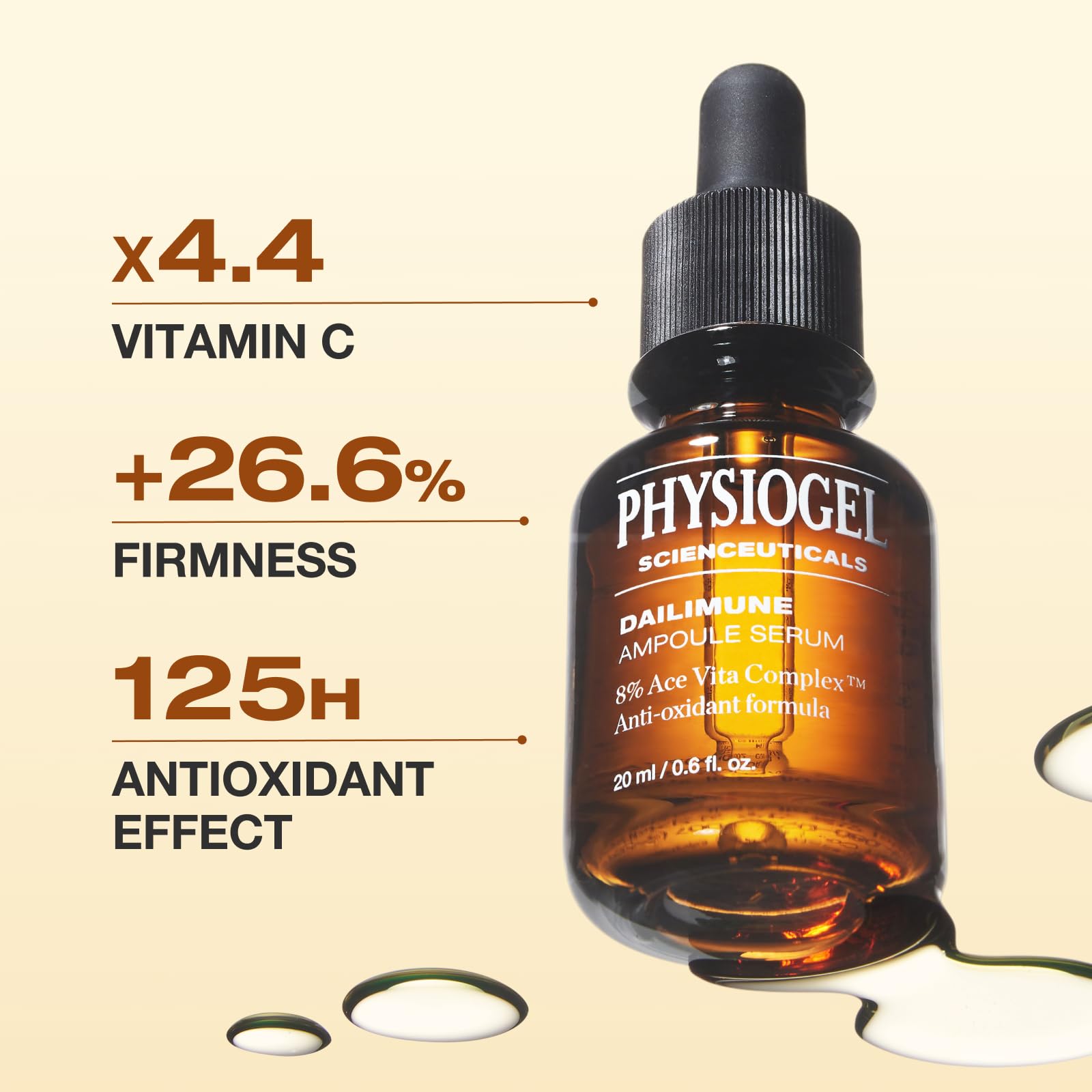 PHYSIOGEL ampoule bottle highlights 6% Vitamin C for brightening.