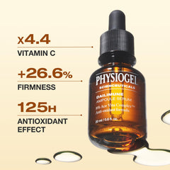 PHYSIOGEL ampoule bottle highlights 6% Vitamin C for brightening.