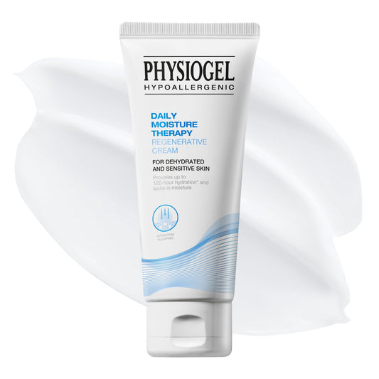 PHYSIOGEL facial moisturizer jar closeup, fragrance-free care for sensitive skin.