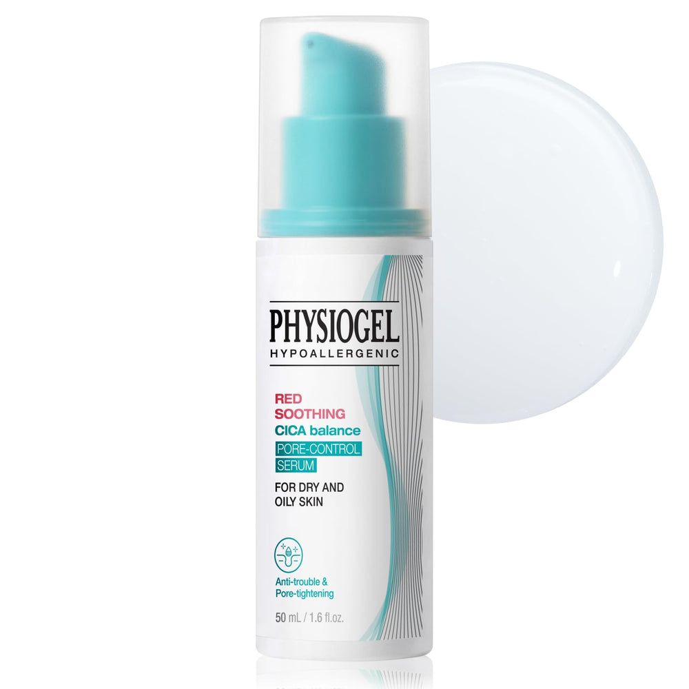 Physiogel Red Soothing CICA Balance Serum bottle on a clean vanity for calm, balanced skin.