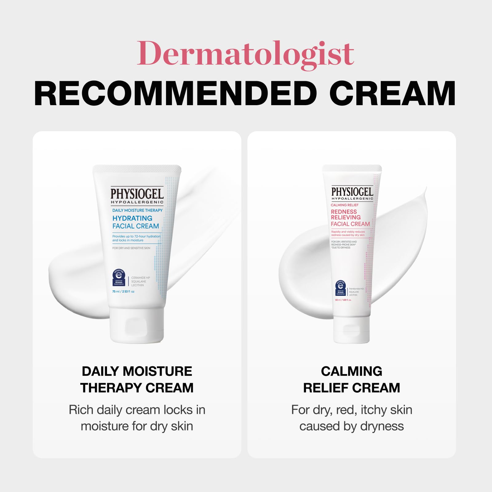 Physiogel redness reducing cream fragrance-free packaging, suitable for all ages.