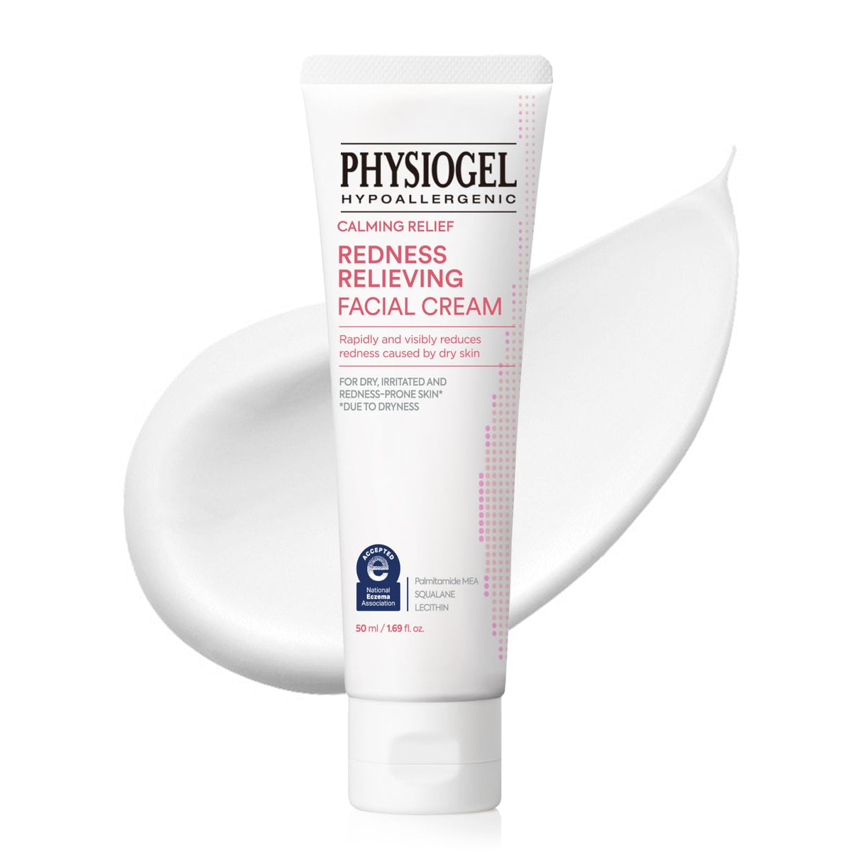 Physiogel redness reducing cream jar closeup, fragrance-free formula ideal for sensitive skin.