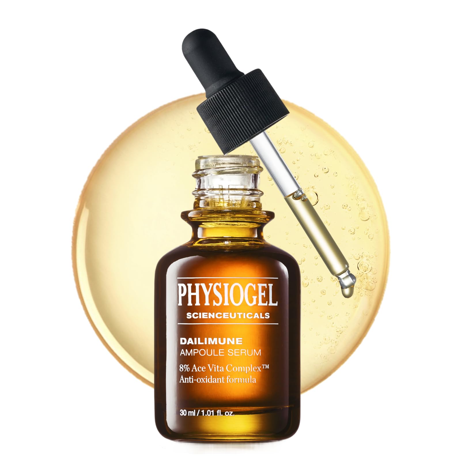 PHYSIOGEL Vitamin C serum bottle close-up shows barrier support and soothing hydration.