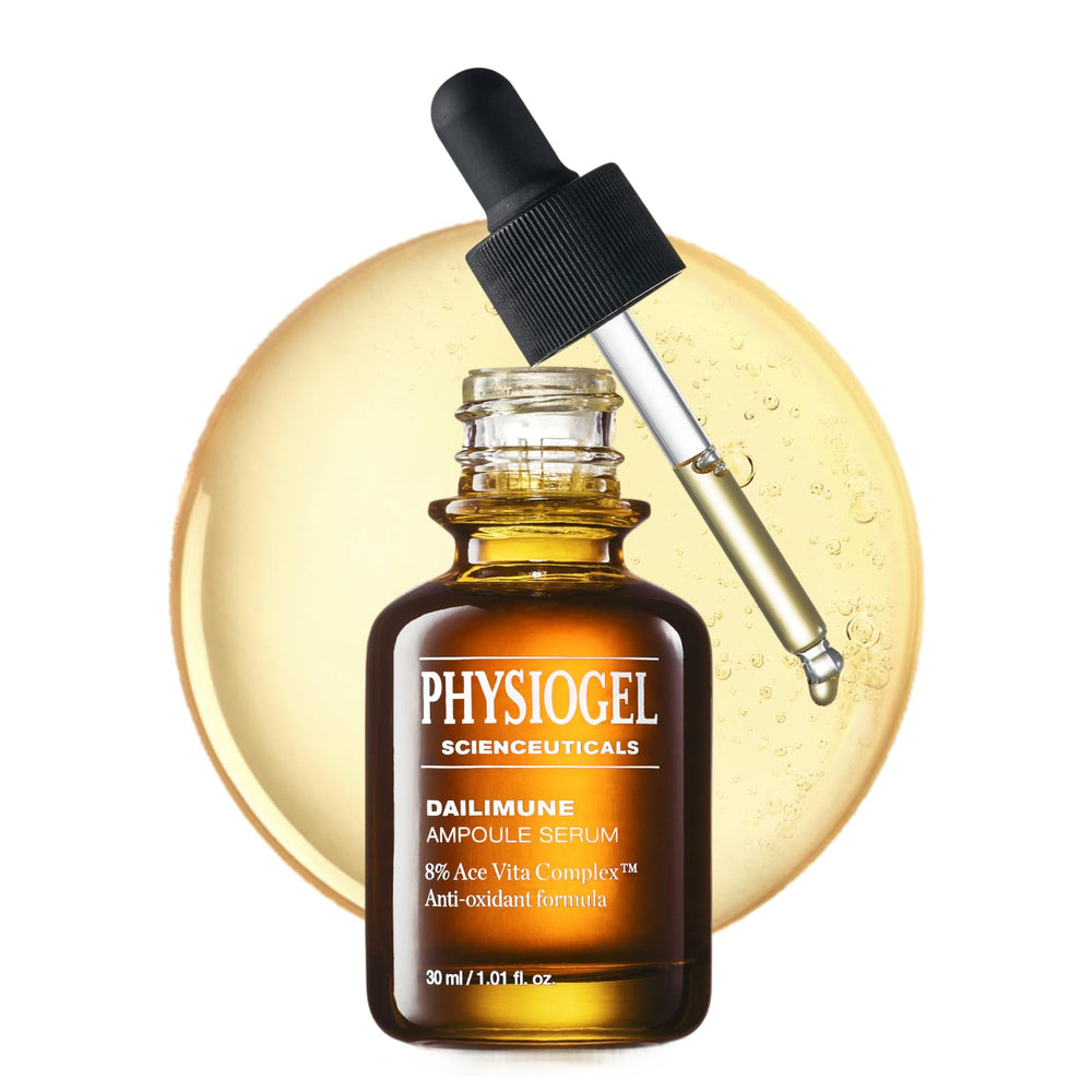 PHYSIOGEL Vitamin C serum bottle close-up shows barrier support and soothing hydration.