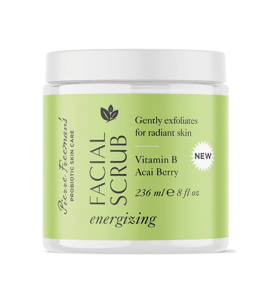 Pierre Freeman's Energizing Facial Scrub bottle close-up highlighting probiotic formula for balanced skin.