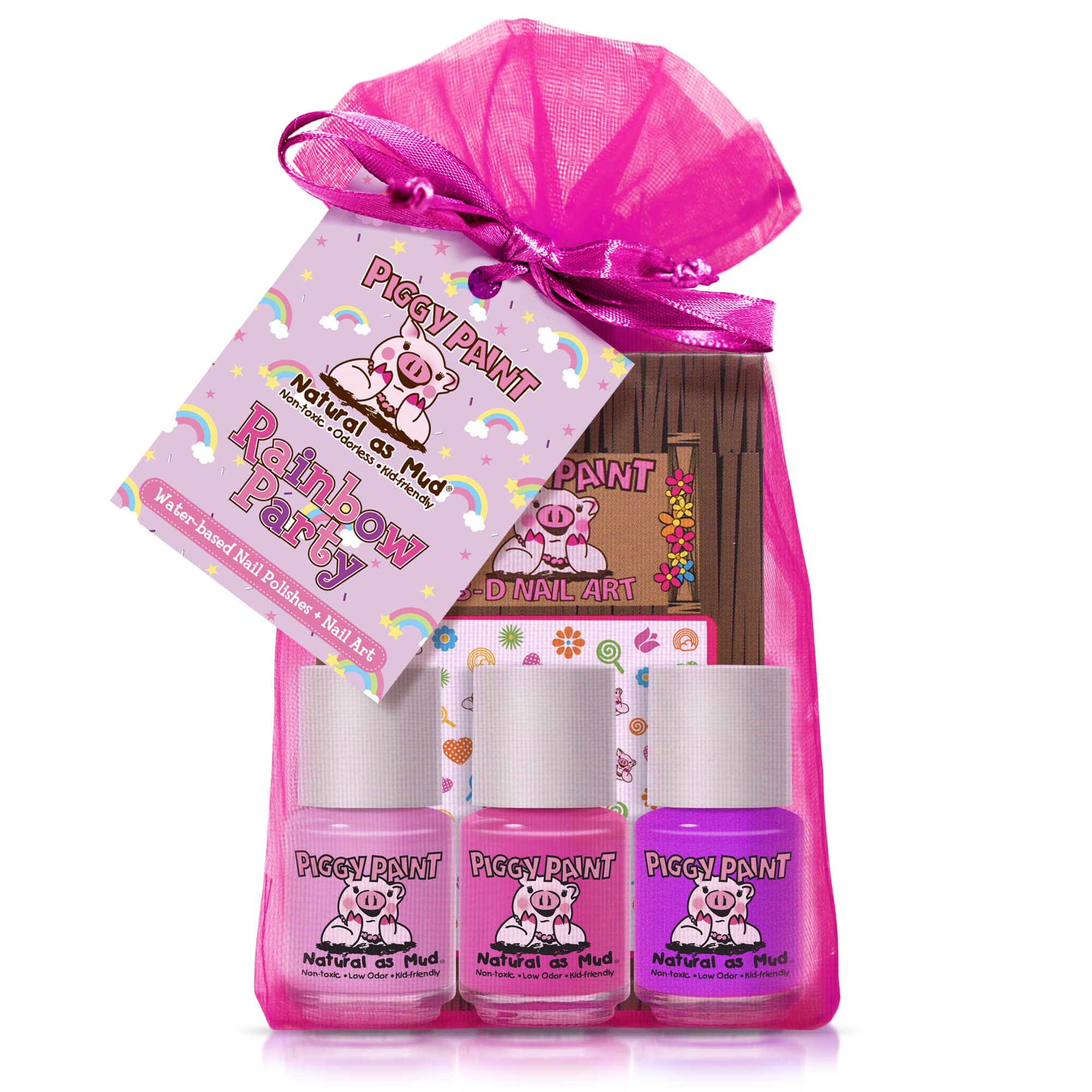 Piggy Paint Rainbow Party packaging showing 3 non-toxic polishes and nail art for kids.