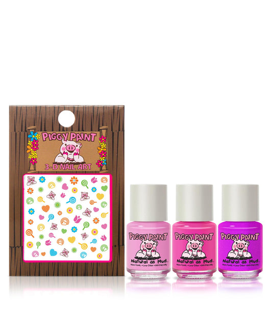 Piggy Paint Rainbow Party polish bottles on display; water-based, virtually odorless formula.