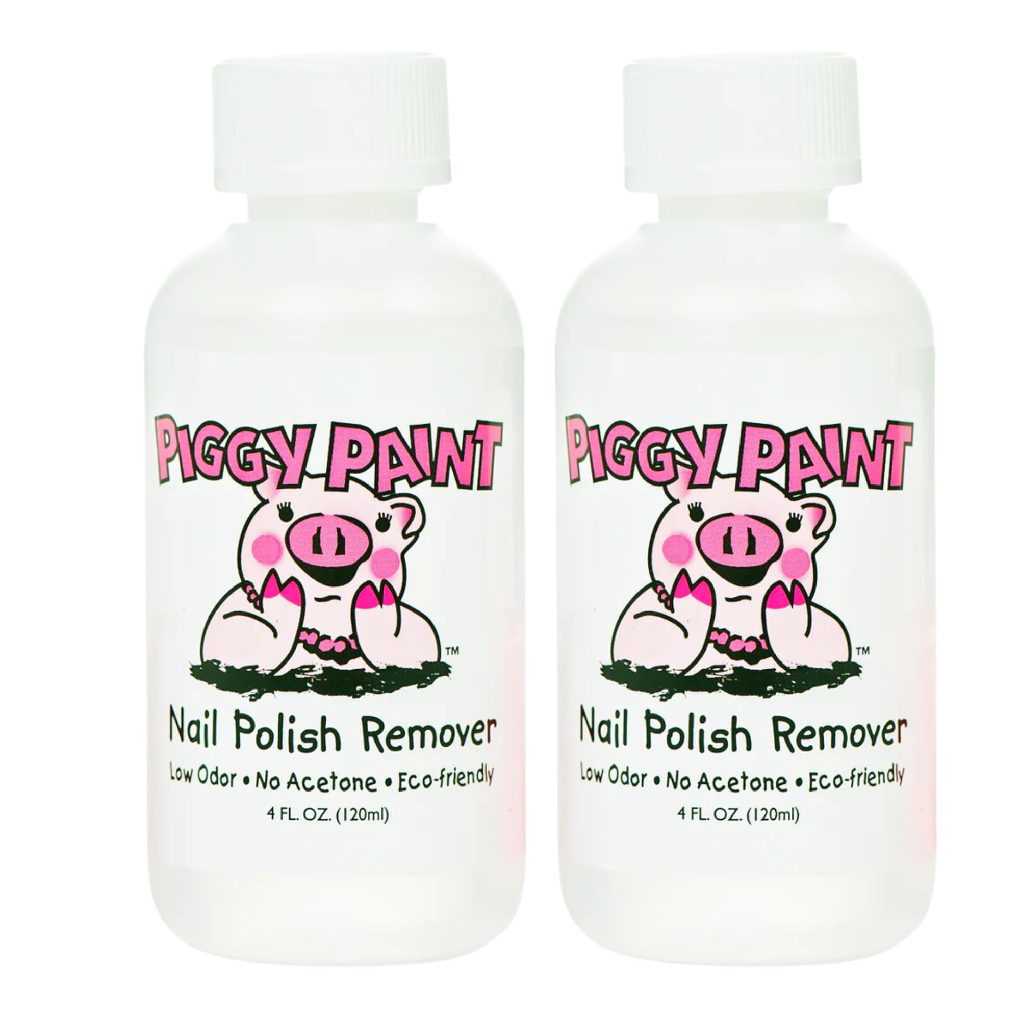 Piggy Paint remover bottle front view shows gentle, acetone-free formula for kids.