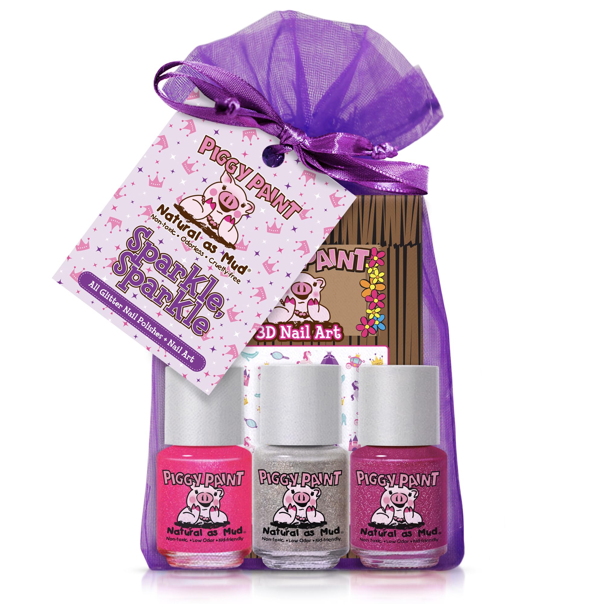 Piggy Paint Sparkle, Sparkle gift set with three glitter polishes and nail art stickers.
