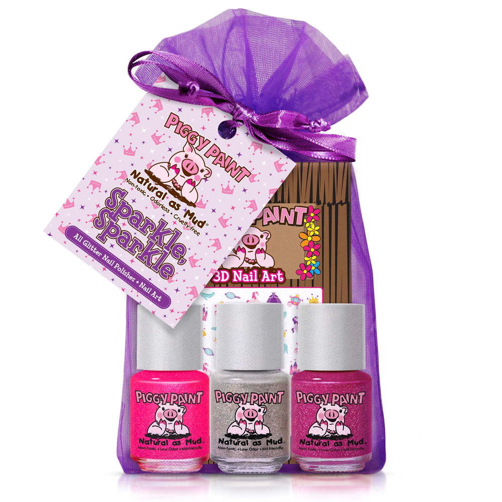 Piggy Paint Sparkle, Sparkle gift set with three glitter polishes and nail art stickers.