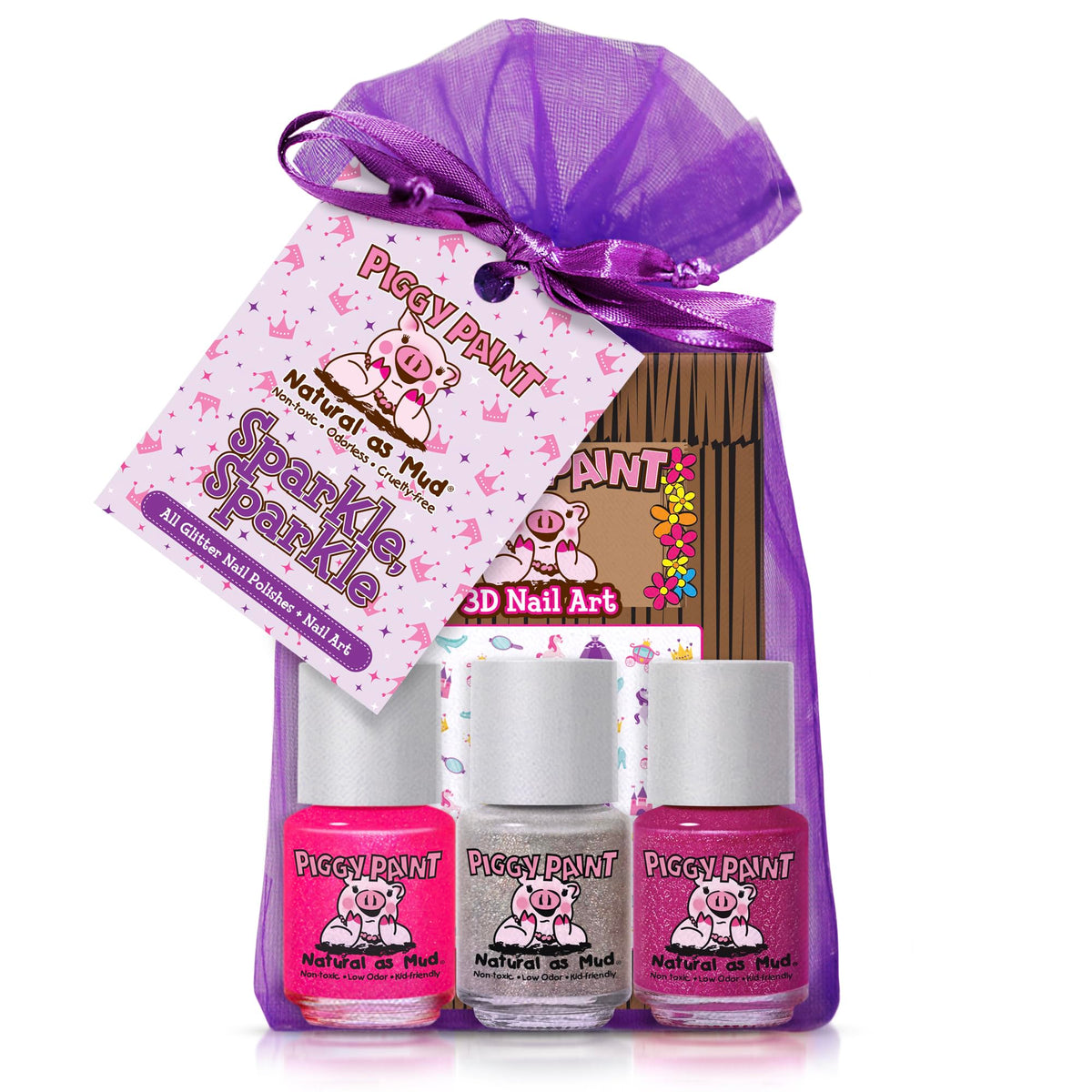 Piggy Paint Sparkle, Sparkle gift set with three glitter polishes and nail art stickers.