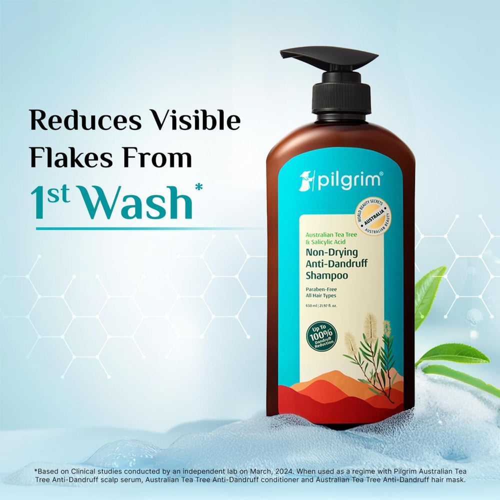 Pilgrim Anti-Dandruff Shampoo showing salicylic acid action reducing flakes.