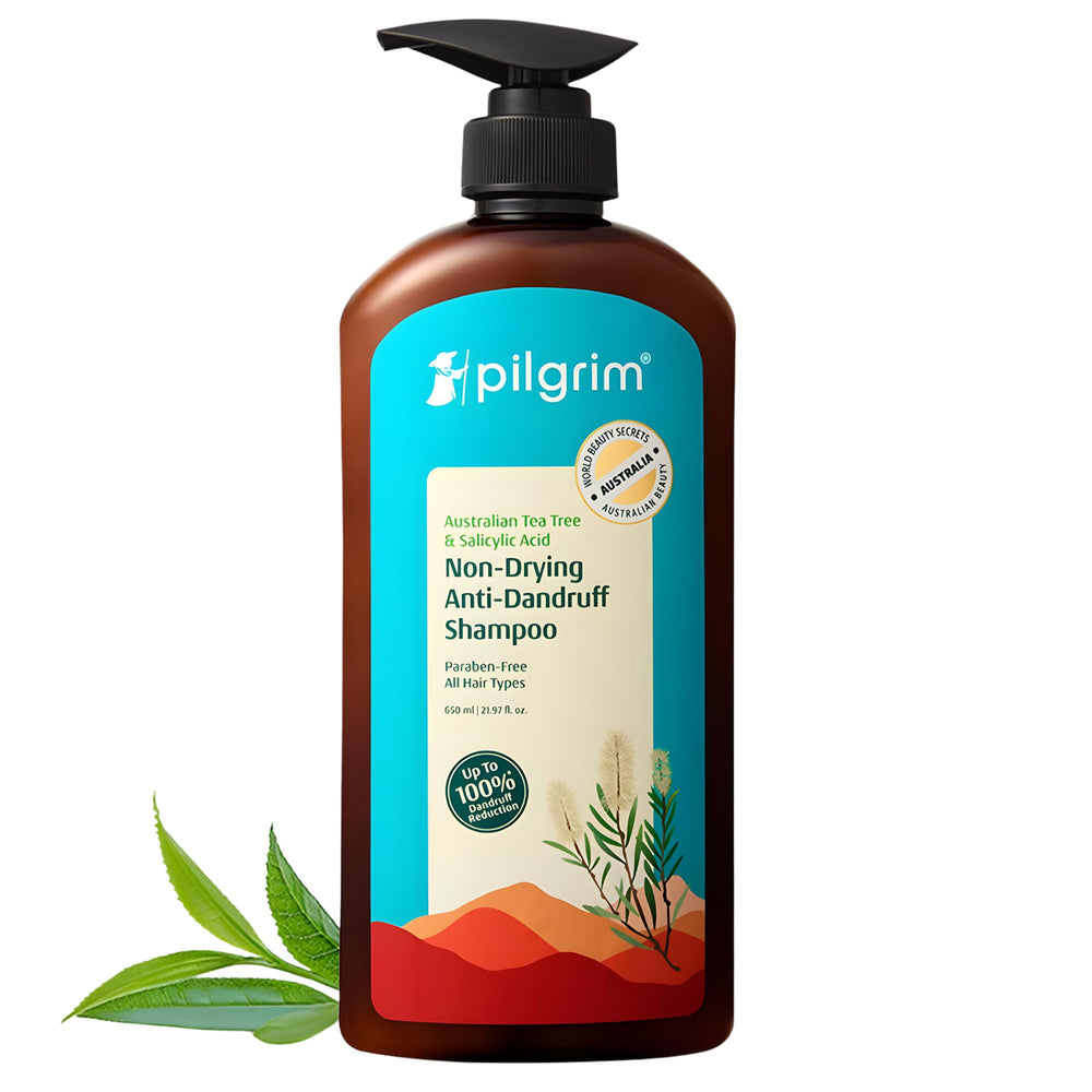 Pilgrim Anti-Dandruff Shampoo bottle with tea tree suds for a refreshed scalp.