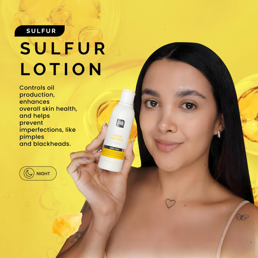 Pili Natural Pili Sulfur Lotion ingredients label close-up for skin balance.